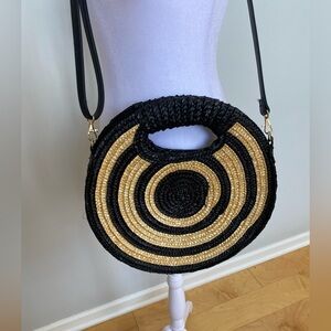Mudpie Black and Tan Woven Circle Bag 13” diameter cotton lined inside pockets